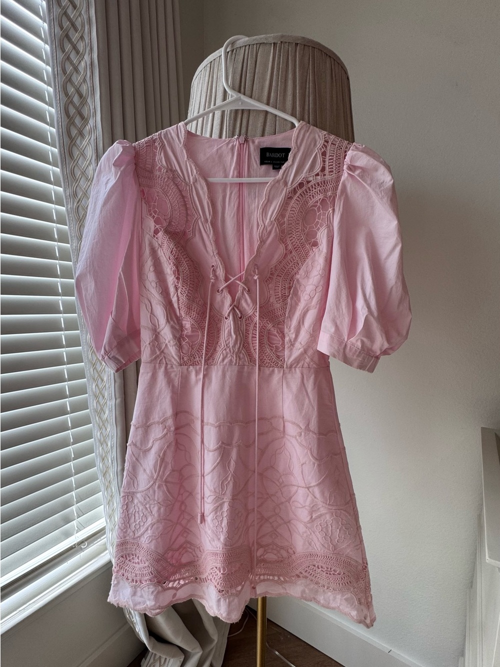 Bardot Light Pink Lace-Detail Puff Sleeve Tunic